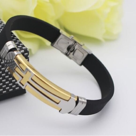 Gold and Silver Stainless Steel Cross Bracelet - Picture 1 of 5